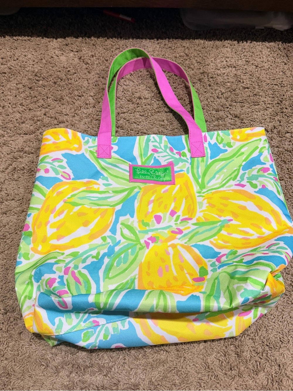 Lilly Pulitzer Estee Lauder Canvas Tote Bag Yellow Blue Lemon Beach Bag